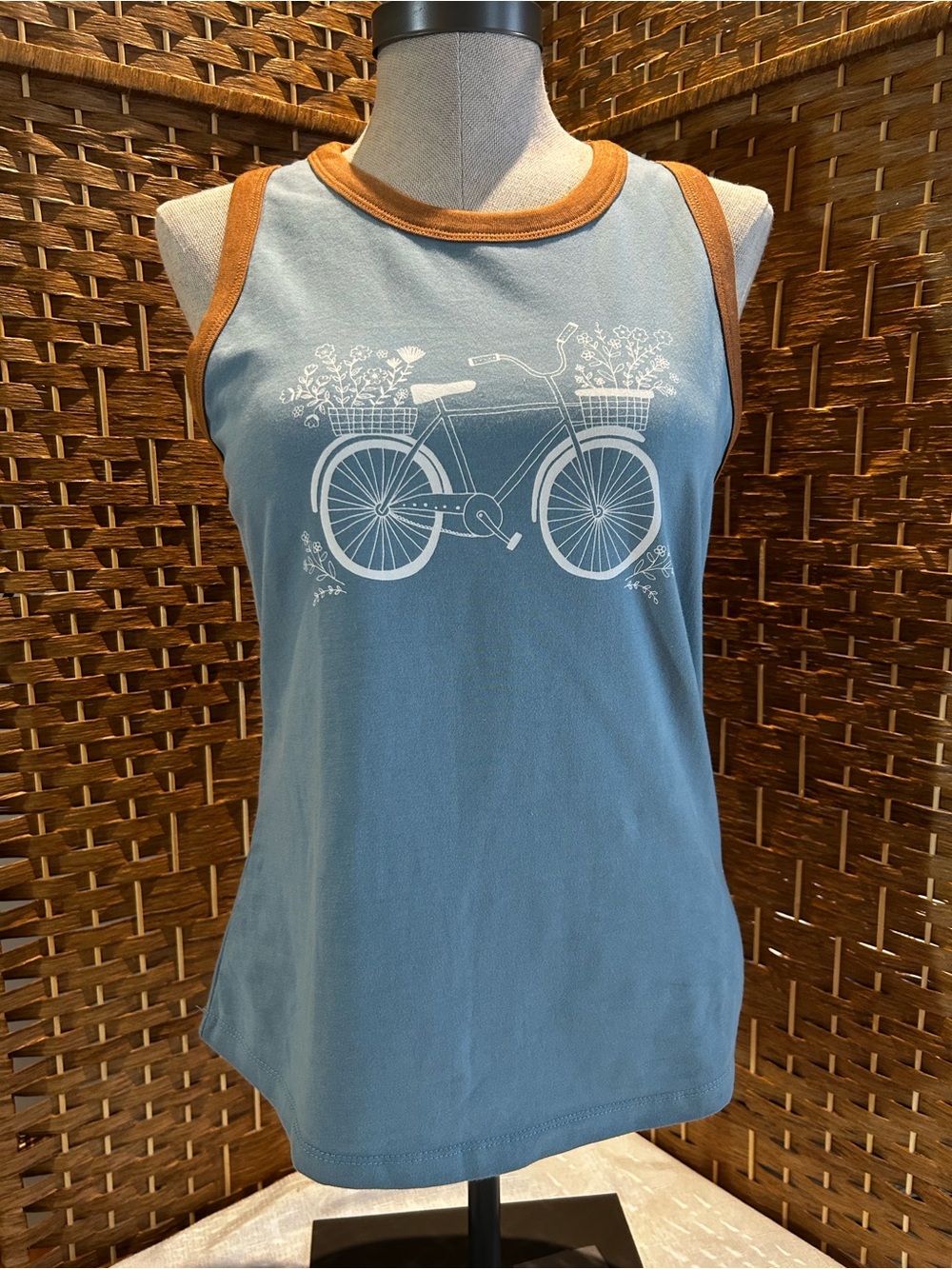 Natural Life Bicycle Tank Top Floral Graphic Blue Tan Trim L